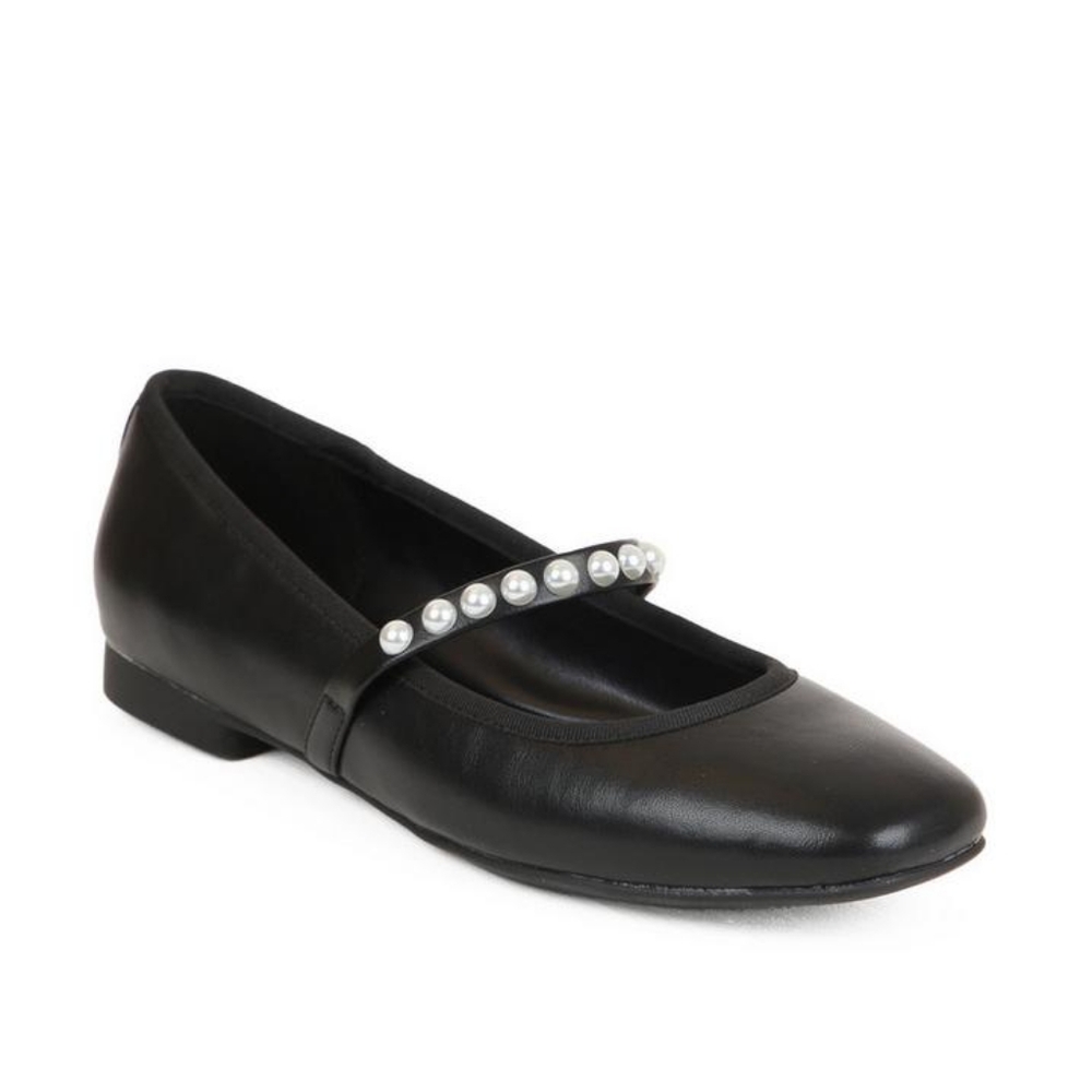 Unisa Avera Black Faux Leather Pearl Embellished Strap Women's Flats Size 7.5